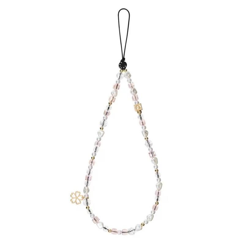 White Heart Phone Lanyard With Pearl Charm Anti-Lost Strap Smartphone Womens Fashion Accessory