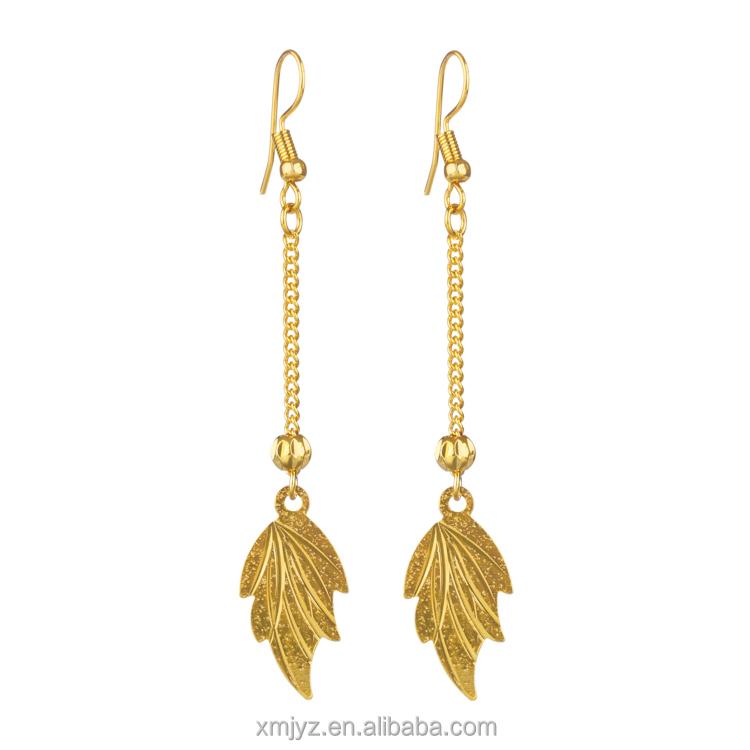 Cross-Border Hot Style Gold-Plated Brass 18K Korean Version Long Tassel Big Leaf Earrings Jewelry