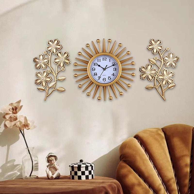 Modern Light Luxury High-end Three-piece Set Creative Sun Wall Clock Living Room Home Decoration Large Wall-mounted Silent Clock