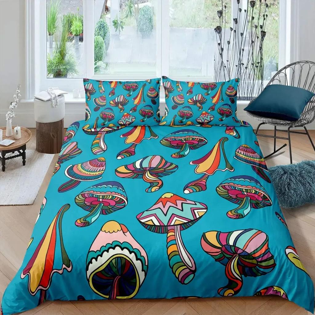 Girls Mushroom Comforter Cover Cartoon Duvet Cover Twin Size Kawaii Bedding Set Wild Garden Species Plant Polyester Quilt Cover