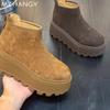 Модные женские замшевые зимние ботинки на платформе, модная обувь на плоской подошве, плюшевые теплые ботильоны, тренд 2025 года, новые брендовые кроссовки, зимние уютные женские ботинки