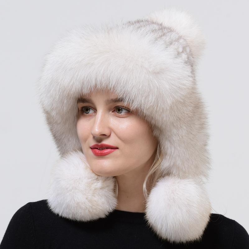 Шапки из натурального норкового меха, вязаная шапка с ушками, теплая снежная пушистая женская шапка из лисьего меха, роскошная женская шапка на открытом воздухе
