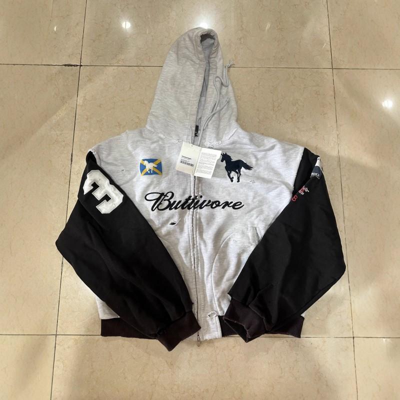 Mens Oversized Distressed Color-Block Hooded Zip-Up Sweatshirt Streetwear 2025