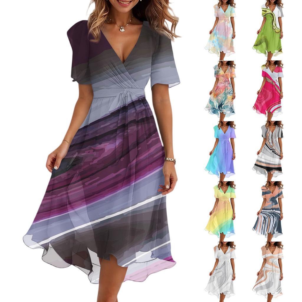 Женский летний повседневный сарафан миди с текстурным принтом, запахом, V-образным вырезом, оборками, капюшоном, короткими рукавами, поясом, А-силуэта, с оборкой по подолу