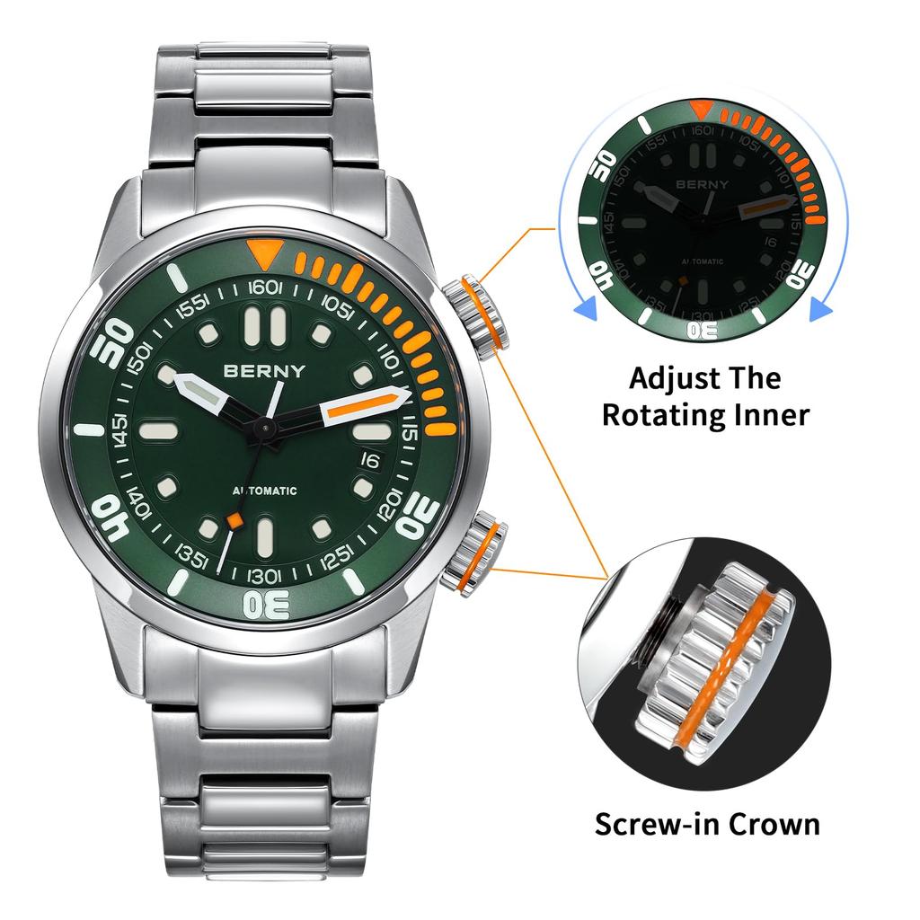 BERNY Watch Mechanical Watch Hand Wind Watch Automatic Watch 200m Diving Watch Наручные часы HV600 Hardness Sapphire Glass Прочный браслет из нержавеющей стали