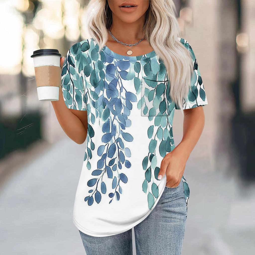 T Shirts For Women Pleated Round Neck Dressy Casual Blouses Printing Short Sleeve Summer Tops Loose Fit