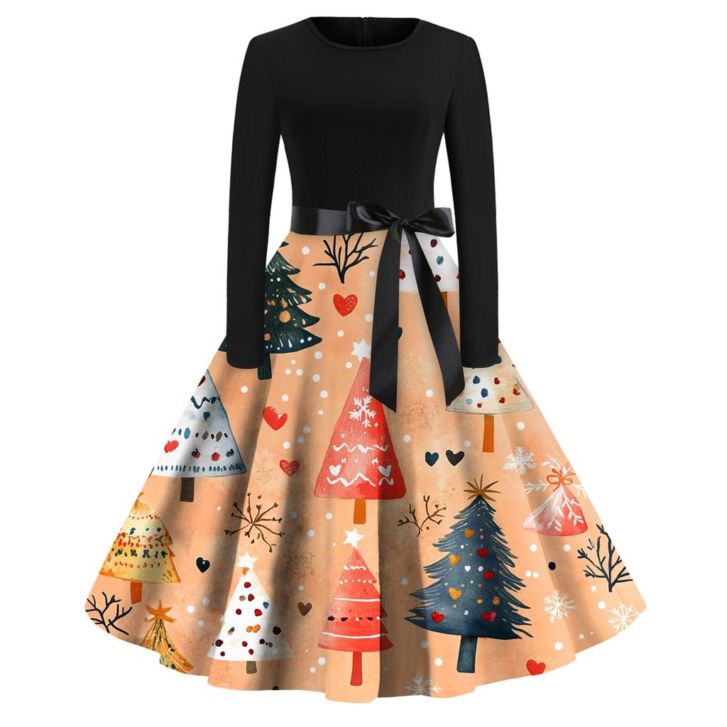 Women's Fashion Vintage Long Sleeve Round Neck Christmas Printed Party Gown Dress