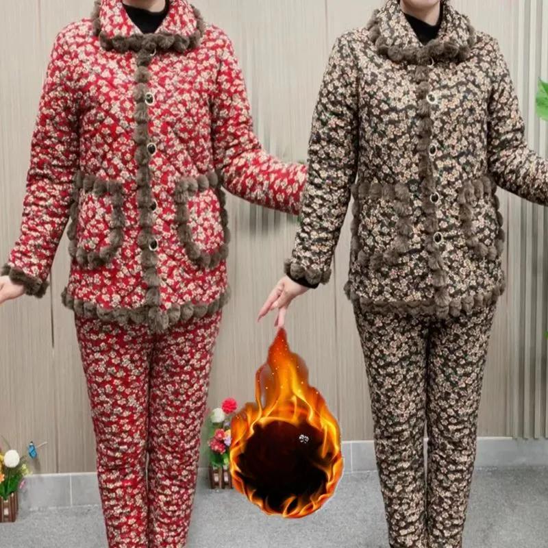 Winter Plus Velvet Thick Cotton-padded Jacket and Trousers Pajamas Suit Women's Warm Padded Jacket Two-piece Cotton-padded Jacket