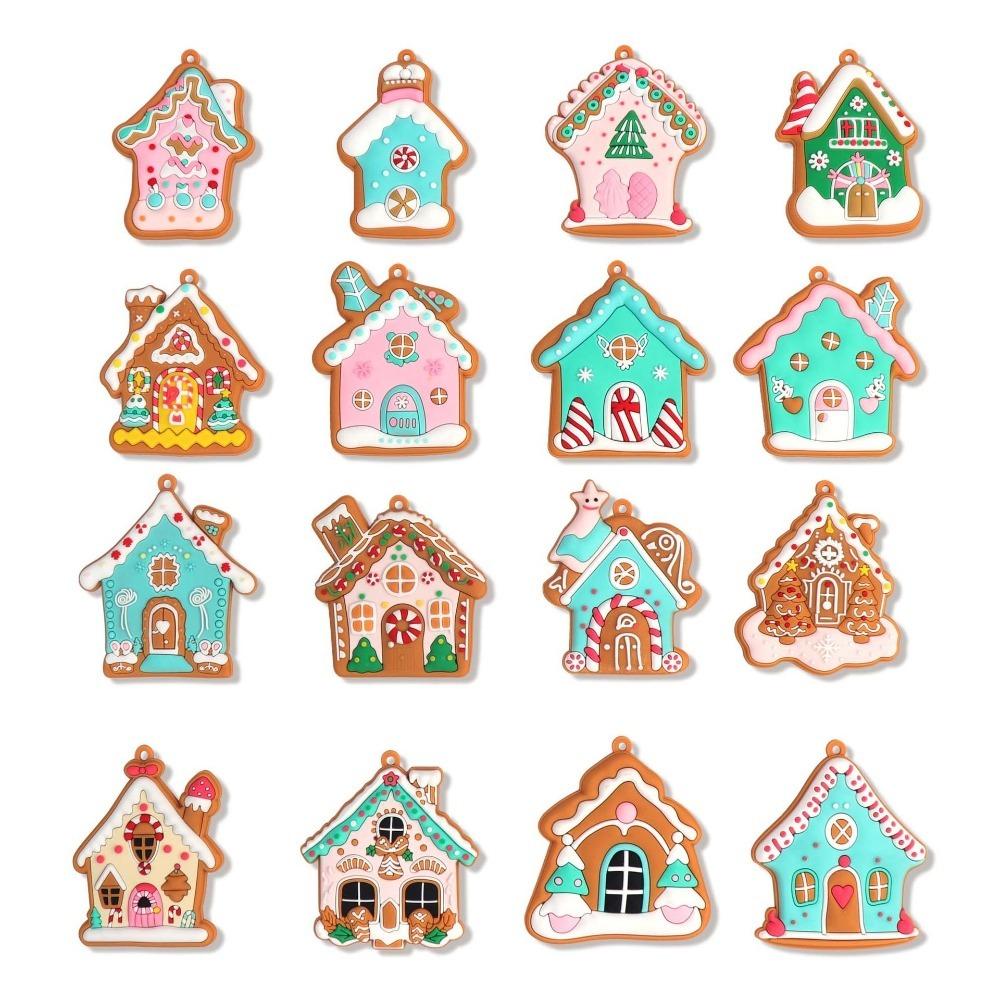 8/16Pcs Mixed Pattern Christmas Gingerbread House Pendant Candy Color PVC Cottage Hanging Ornaments with Hanging Chain DIY