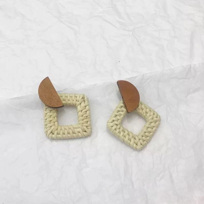 Earrings Gift Ear Geometric Stud Dangle Jewelry Women Woven Straw Rattan Wooden Unique