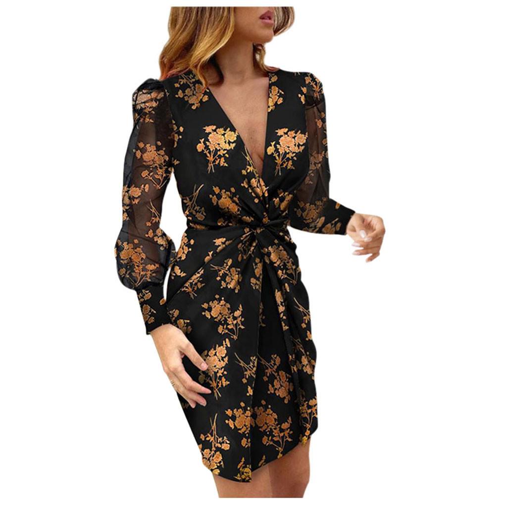 Women Long Sleeve V Neck Vestido Corto Estampado Dress Holiday