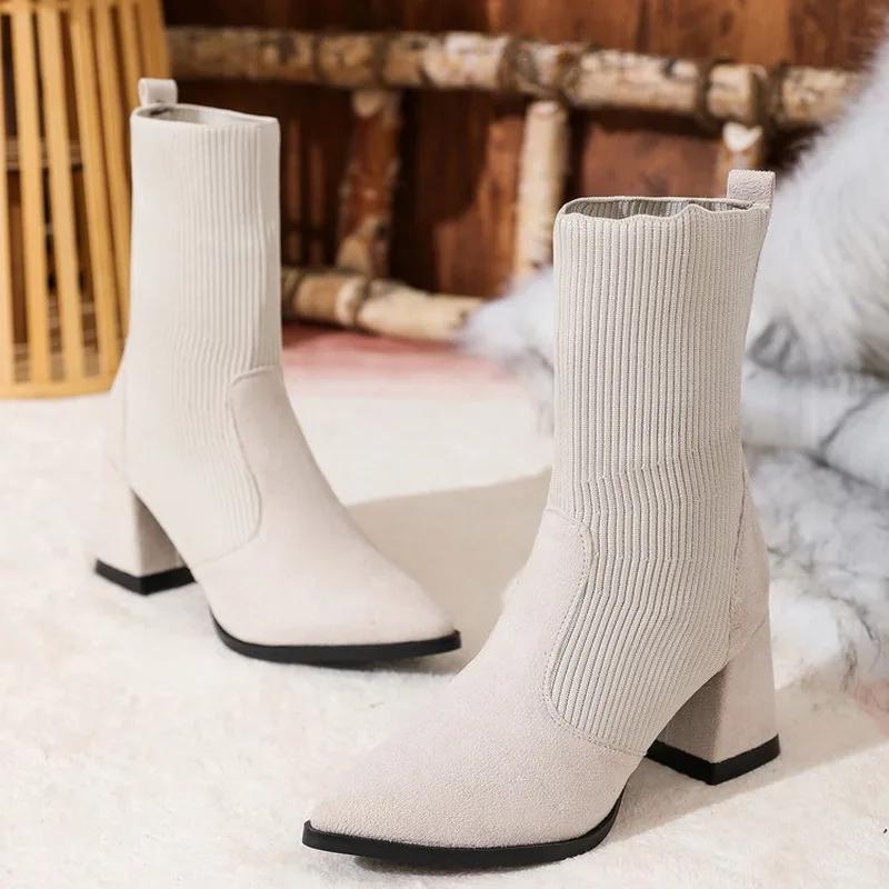 Осенне-зимние ретро-ботинки-носки, женские туфли, вязаные кожаные ботинки в стиле пэктворк с острым носком и толстым высоким каблуком, ботильоны 35-42