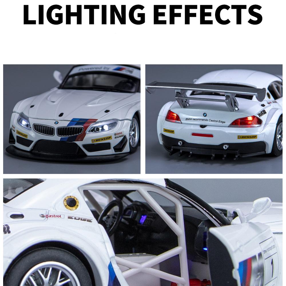 Масштаб 1/24 Z4 GT3, литая под давлением модель автомобиля, игрушечный автомобиль с откатным механизмом, звуком и светом для детей, коллекция подарков для мальчиков и девочек
