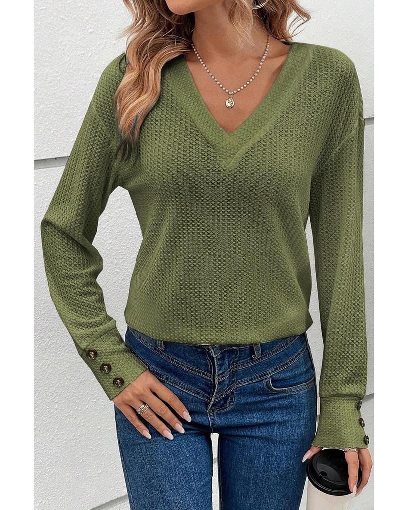 Azura Exchange Jungle Green Textured Knit V Neck Button Cuffs Long Sleeve Top