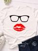 Очки Принт Красные Губы Женская Футболка с Коротким Рукавом Круглый Вырез Свободная Женская Футболка Дамская Футболка Топы Одежда Camisetas Mujer