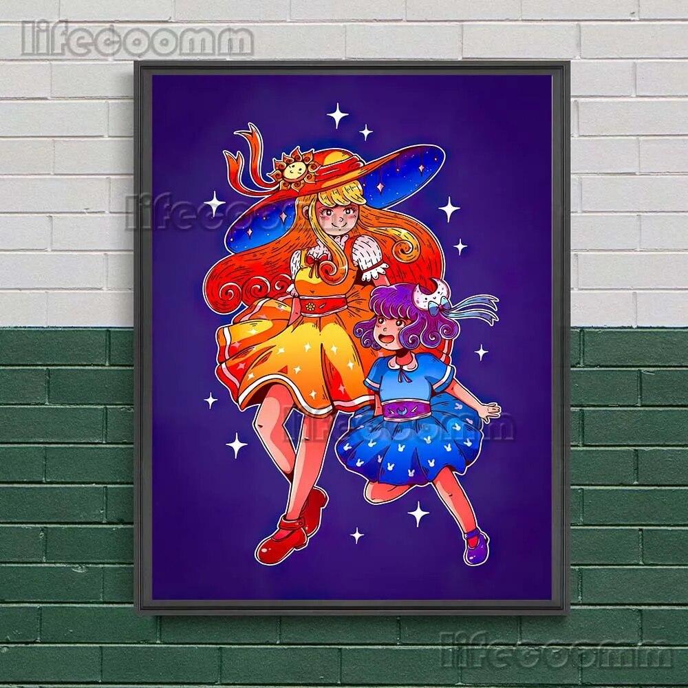 Солнце и Луна, мультяшное изображение, художественный постер, Звездная ведьма и волшебник, кот, забавная настенная живопись на холсте, грибная фея, постер с принтом, декор без рамки