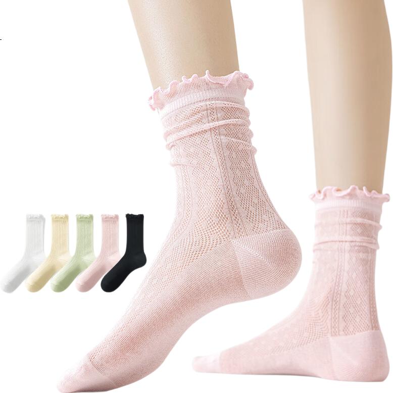 MiiOW Women's Socks, Summer Thin Style, Slouchy Socks with Ruffled Edges, Mesh Mid-Calf Socks, Breathable Cotton Socks to Match Leather Shoes