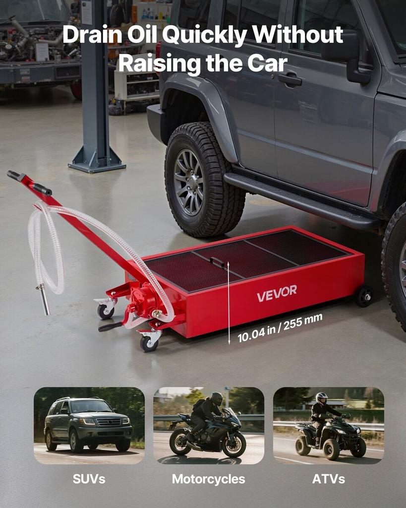 Low Profile Oil Drain Pan, 75.7 L Capacity, Rolling Oil Drain Pan with Manual Pump, 2.2 m Hose & T Folding Handle, Leak-proof & Corrosion-resistant,