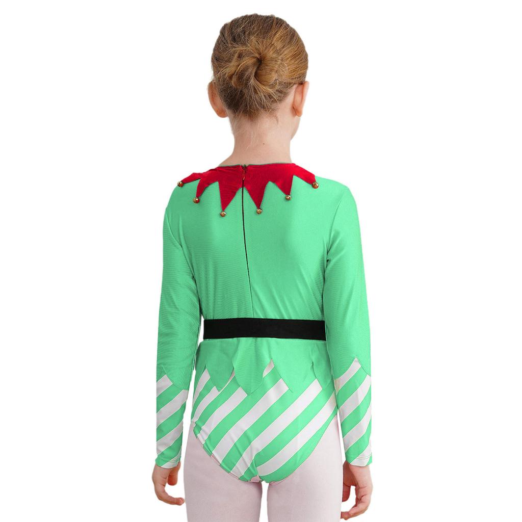 Kids Dance Leotard Christmas Costume Long Sleeve Stripes Brass Bells Belt Athletic Wear