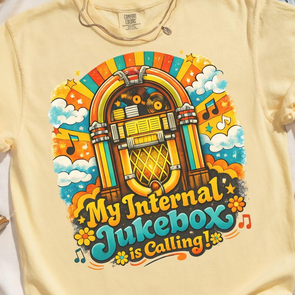 My Internal Jukebox is Calling T-Shirts, Retro Music Lover Tee, Vintage Jukebox Art, Groovy 70s Aesthetic Design, Vibrant Colorful T-Shirts