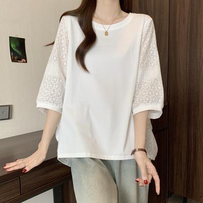 2025 Новые летние женские футболки с коротким рукавом, кружевные, базовые модные топы с круглым вырезом, футболки, повседневные футболки