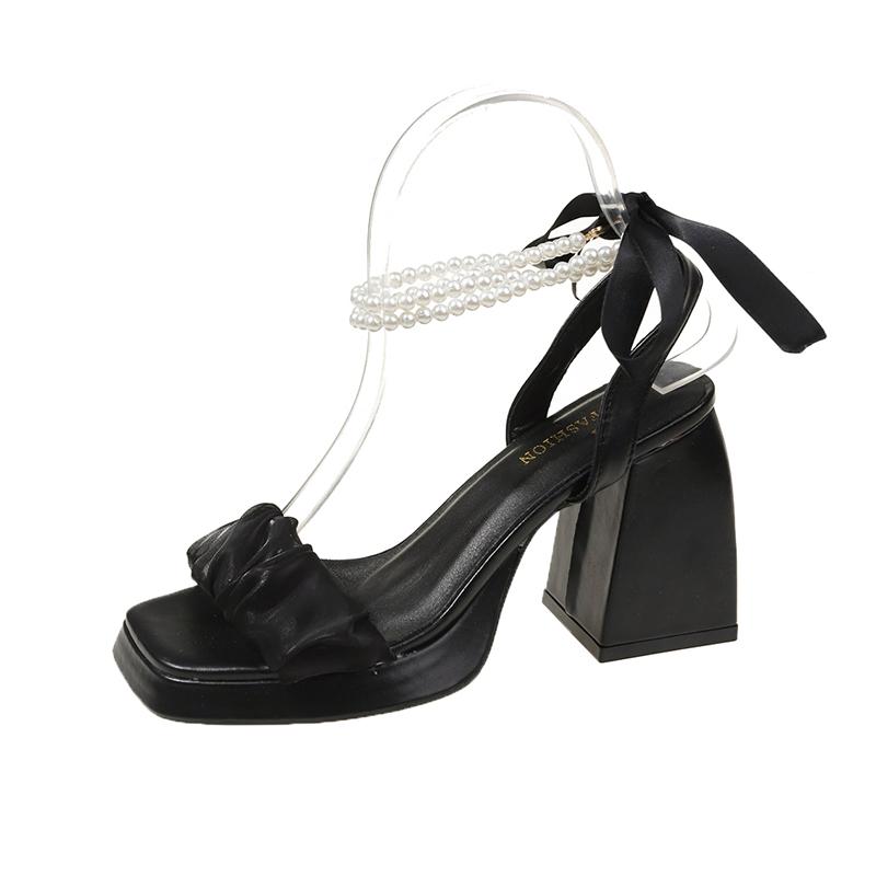 Fashion Fairy Style Fashion Square Toe Lace String Bead Party Wedding High Heels Elegant Pearl Sandals Women Summer Mid Heel Ladies Shoe