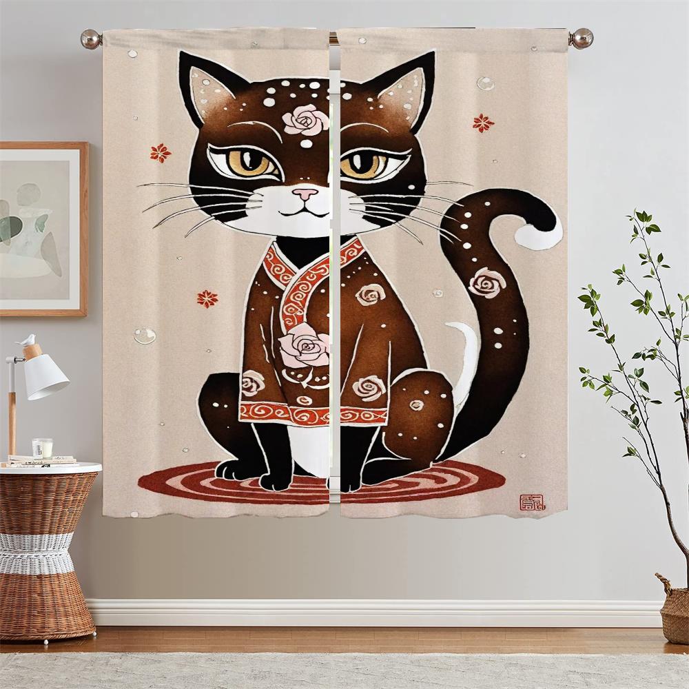 Shade Curtain for Living Room Cute Cat In Sand Painting Style Blinds Kitchen Curtains 2 Pieces Window Curtains Home Partition