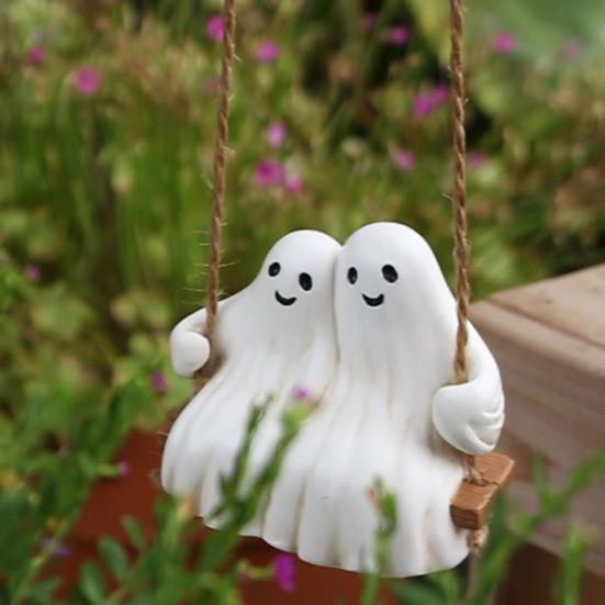 Качающаяся фигурка пары привидений Хэллоуин Привидение Подвесное украшение Смола Белая фигурка пары привидений для декора в помещении и на улице, для сада, патио, веранды