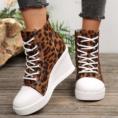 Короткие ботильоны на танкетке с леопардовым принтом для женщин, шнуровка, платформа, ботильоны до щиколотки, женские кроссовки на толстой подошве, повседневные, с высоким верхом