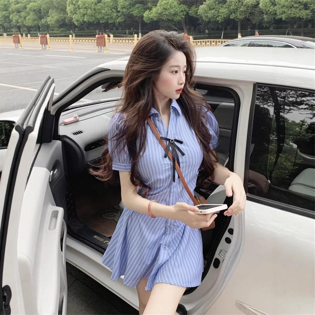 Fashion Hong Kong style versatile blue striped dress women's summer fat mm design sense to cover the belly and show thinness shirt skirt set