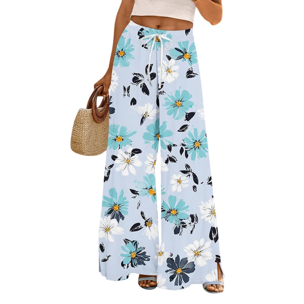 Women's Casual Wide Leg Pants Stretch Belt Pocket Floral Print Adjustable Tie Pants