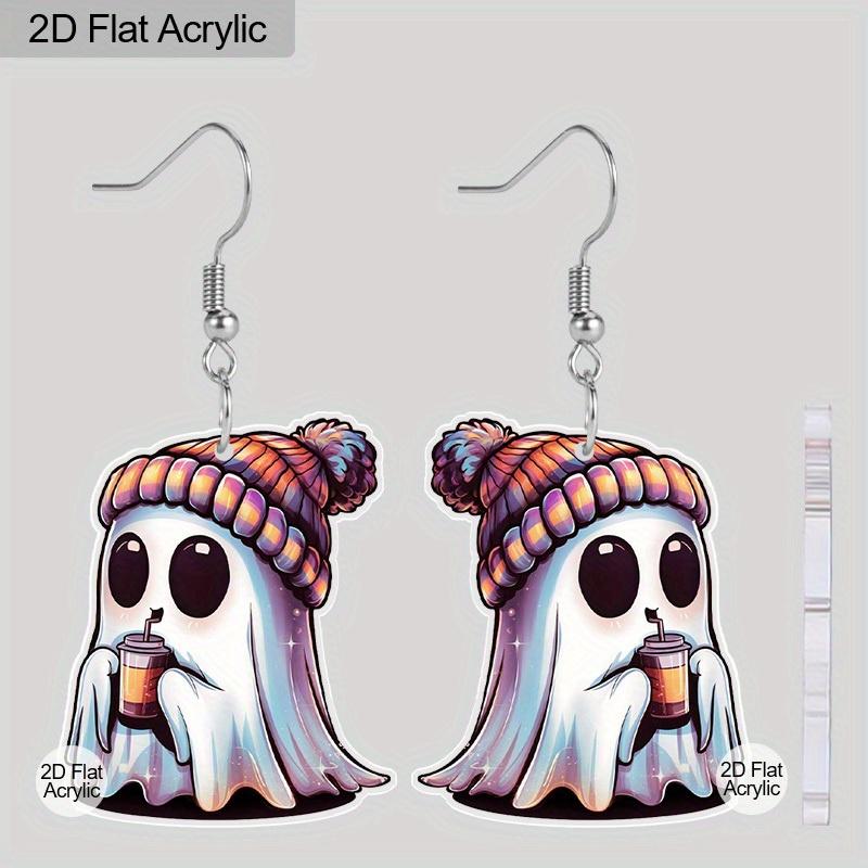 2D Flat Halloween Earrings Hooded Ghost Pattern Acrylic Dangle Earrings Halloween Theme Party Jewelry Gifts