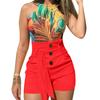 Casual Summer Beach Women Solid Color Belted Buttons High Waist Shorts Hot Pants