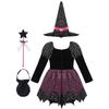 Kids Girls Witch Costume For Halloween Fancy Dress Up Dress With Pointed Hat Wand Candy Bag Set