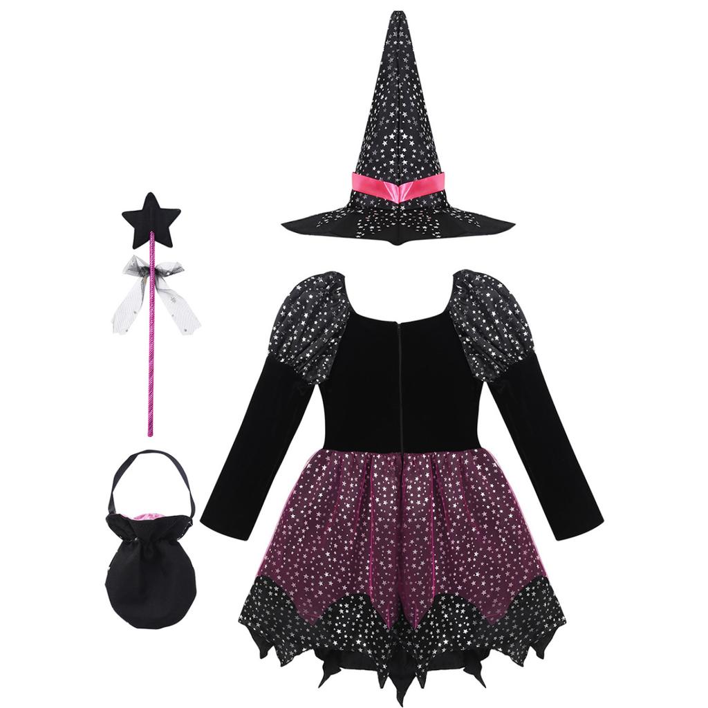 Kids Girls Witch Costume For Halloween Fancy Dress Up Dress With Pointed Hat Wand Candy Bag Set
