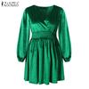 ZANZEA Women Elegant V-Neck Long Sleeve Waisted Knitted A-Line Dresses