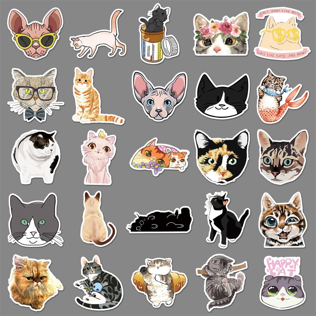 50 картинок персонализированных милых кошачьих мультяшных дудл наклеек для украшения блокнота, чемодана, автомобиля, самоката