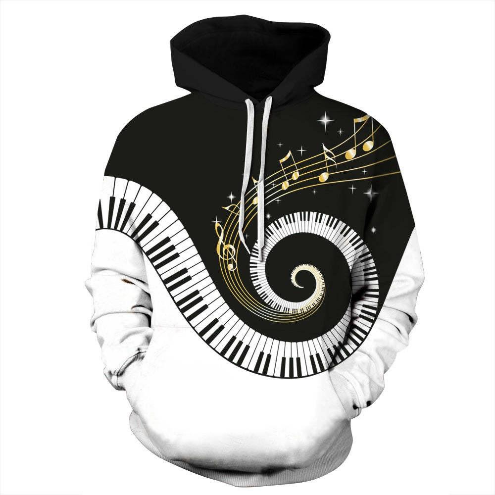 Spring and Autumn New 3D Printing Personality Music Music Notes Men's Hooded Sweatshirt