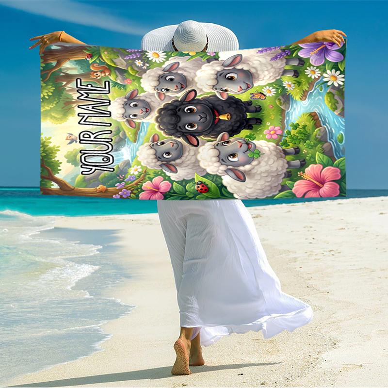 1PC Custom Name Sheep Family Garden Beach Towel Highly Absorbent And Sand-Resistant Towel for Swimming, Pool, Yoga, And Travel Lightweight