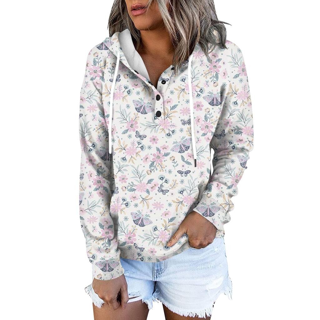 Women's Fashion Slim Fit Long Sleeve Floral Print Hooded Sweatshirt Top