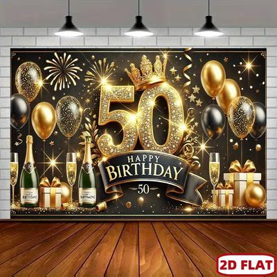 2D Фотофон "Счастливого 50-летия", Баннер для вечеринки на тему Черно-Золотые Шары и Фейерверк