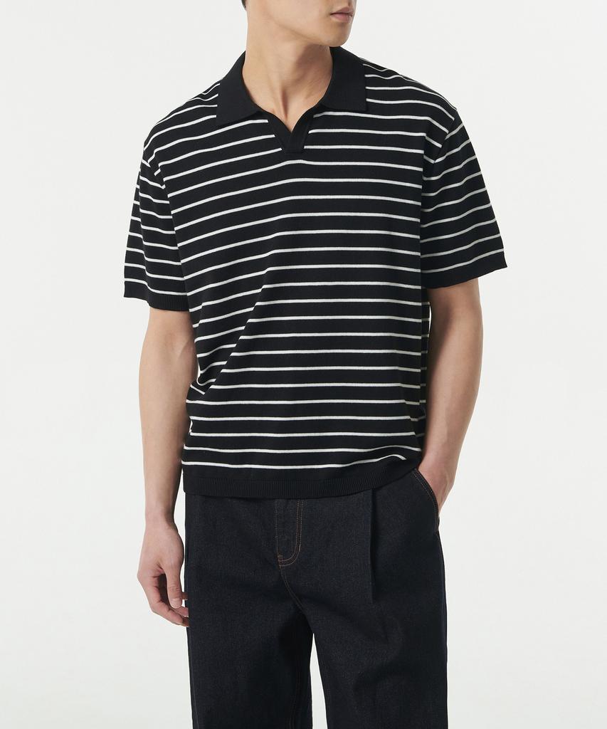 MUSINSA STANDARD Striped Slit Neck Knitted Polo Shirt [Black/White]
