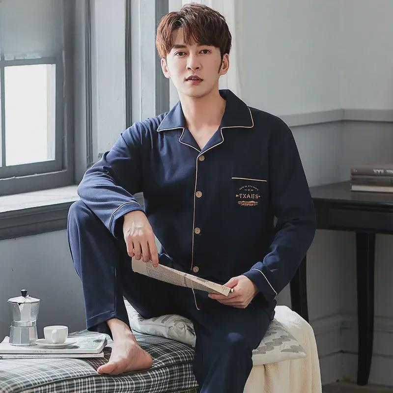 Мужская пижама-кардиган с лацканами, 100% хлопок, длинный рукав, на весну, лето и осень, размеры до 5XL