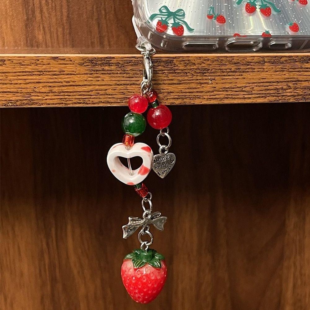 Y2K 3D Strawberry Phone Strap Cute Love Heart Pendant Keychain  Bag Phone Accessories