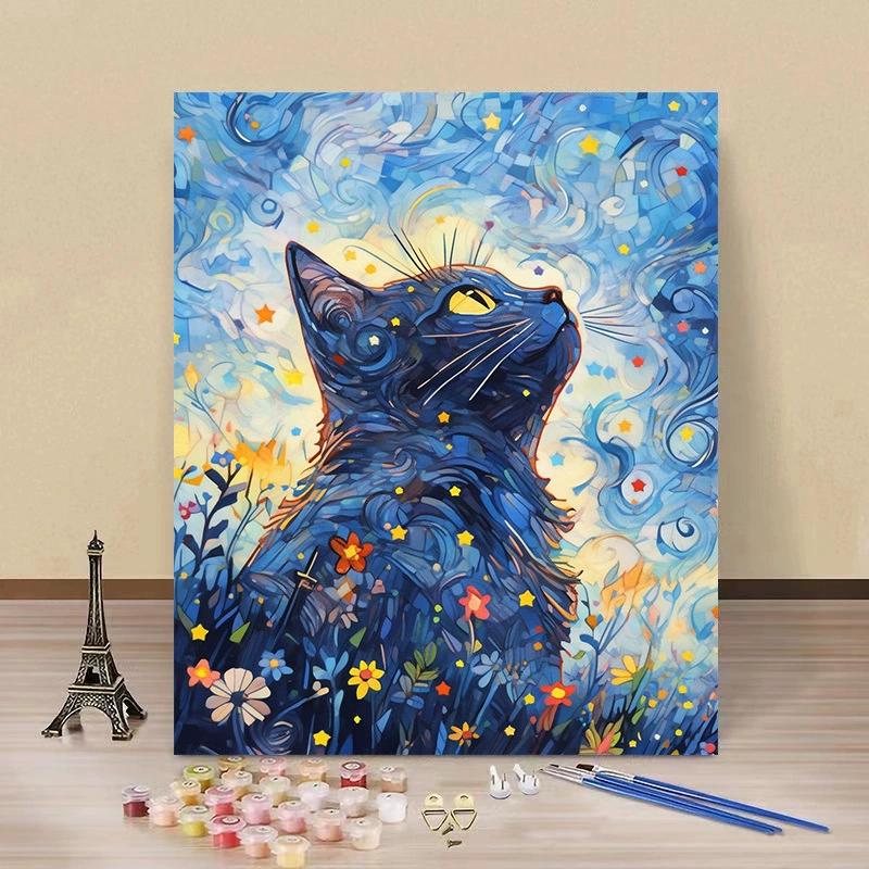 Кошка Звездное Небо DIY Цифровая Масляная Живопись Ручная Раскраска Декоративная Картина Набор Цветочная Кошка Ручная Рисовка Пейзаж Масляная Живопись