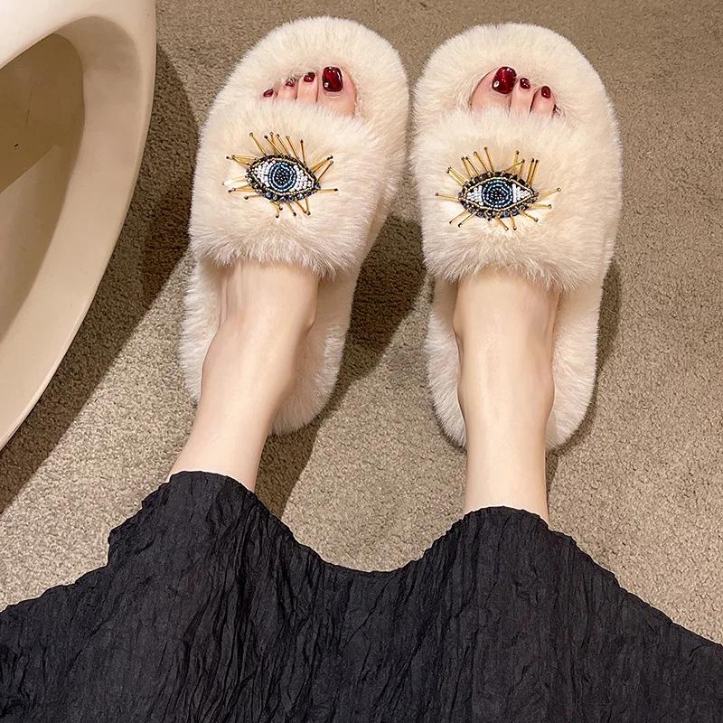 Fashion Ladies Winter Fashion Soft Warm New Comfort Flat Fur Slipper Outside Fluffy Slippers Indoor Plush Shoe Women's Luxury Slippers