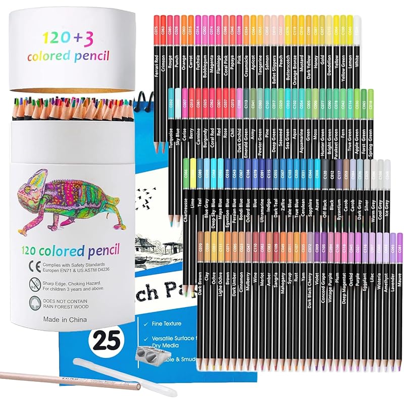Corslet Premium Colour Pencils Set Of 120 & A5 Sketch Book 25 Sheets Pencil Colours Artists Soft Core Vibrant Color Penc