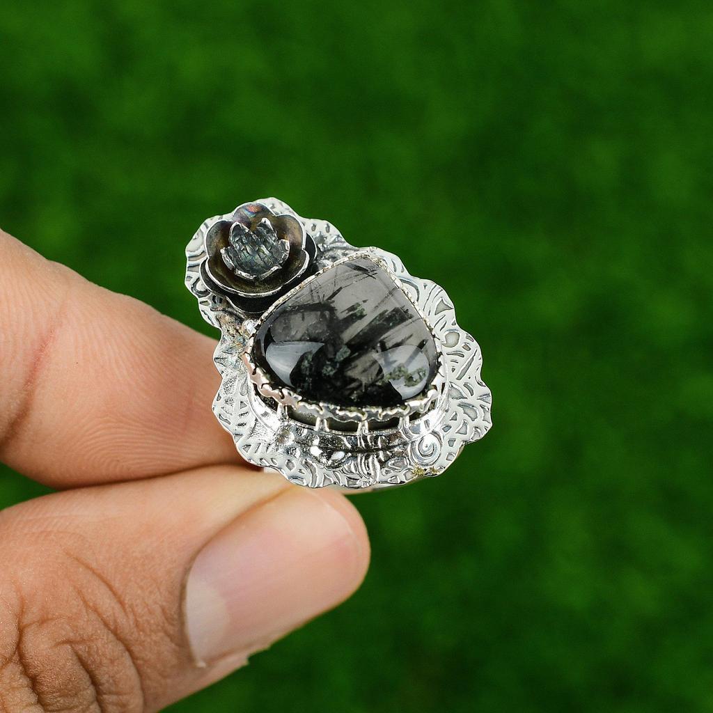 Black Rutile Stone 925 Sterling Silver Birthday Flower Statement Ring Jewelry