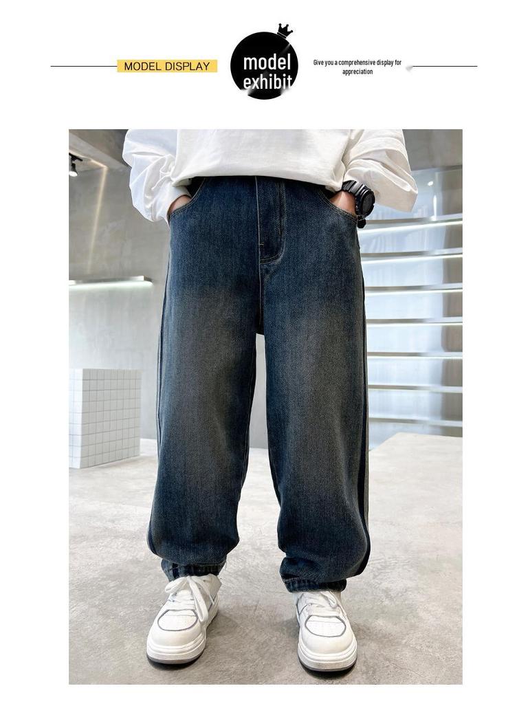 Джинсы на флисовой подкладке для мальчиков Весна-Осень 2025 - Повседневные длинные брюки для детей