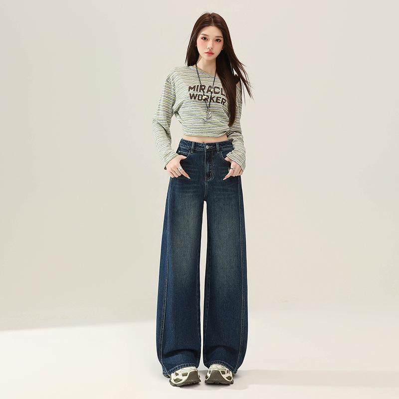 Retro blue wide-leg jeans women's autumn new straight loose high-waisted elastic and thin floor-mopping pants